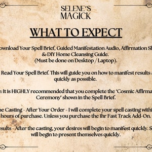 Op de afbeelding: Een afbeelding in vintage stijl met een bruine achtergrond en sierlijke randen. De tekst luidt "SELENE'S MAGICK" en "WHAT TO EXPECT". De afbeelding somt vier stappen op die je kunt verwachten bij het kopen van een spreuk-casting service.