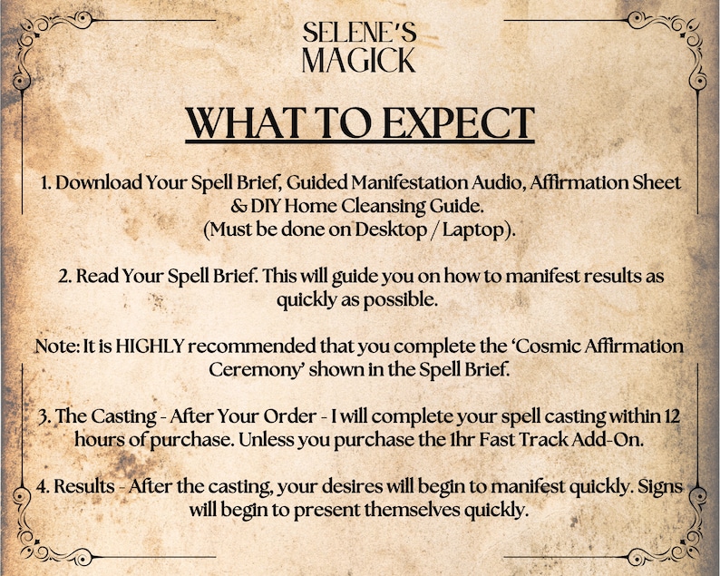 Op de afbeelding: Een afbeelding in vintage stijl met een bruine achtergrond en sierlijke randen. De tekst luidt "SELENE'S MAGICK" en "WHAT TO EXPECT". De afbeelding somt vier stappen op die je kunt verwachten bij het kopen van een spreuk-casting service.