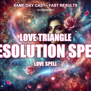 Peut inclure: Image numérique avec un visage féminin et un fond cosmique coloré. Le texte indique "LOVE TRIANGLE RESOLUTION SPELL" et "LOVE SPELL". L'image comprend également le texte "SAME DAY CAST • FAST RESULTS" et le nom du vendeur.