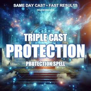 Può includere: Opera d'arte digitale a tema mistico. L'immagine presenta il testo "TRIPLE CAST PROTECTION" in grandi lettere in grassetto, con "PROTECTION SPELL" sotto. Lo sfondo ha un design celeste con vortici blu e arancioni.