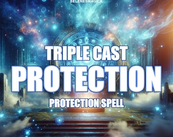Può includere: Opera d'arte digitale a tema mistico. L'immagine presenta il testo "TRIPLE CAST PROTECTION" in grandi lettere in grassetto, con "PROTECTION SPELL" sotto. Lo sfondo ha un design celeste con vortici blu e arancioni.
