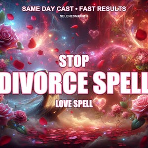 May include: A digital art image with the text "STOP DIVORCE SPELL" and "LOVE SPELL" in large white letters. The background features roses, hearts, and a mystical, colorful design with the text "SAME DAY CAST • FAST RESULTS".
