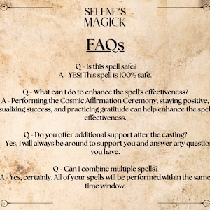 Op de afbeelding: Een afbeelding in vintage stijl met een bruine achtergrond en sierlijke randen. De tekst "SELENE'S MAGICK" staat bovenaan de afbeelding. De tekst "FAQs" staat in een groter lettertype onder de titel. De afbeelding bevat een lijst met veelgestelde vragen en antwoorden over spreuken. De vragen en antwoorden zijn in zwart.