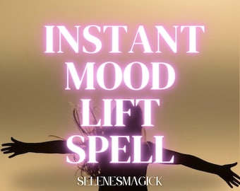Op de afbeelding: Afbeelding met de woorden "INSTANT MOOD LIFT SPELL" in felroze neon tegen een gouden achtergrond. Een silhouet van een persoon met uitgestrekte armen staat op de voorgrond. De tekst "SELENESMAGICK" staat onderaan.