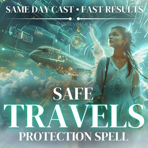 Può includere: Un'illustrazione digitale di una donna con ali d'angelo in piedi davanti a un aereo tra le nuvole. Il testo "SAFE TRAVELS PROTECTION SPELL" è scritto in lettere bianche su uno sfondo blu-verde.