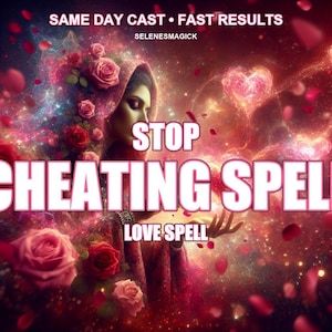May include: An artistic digital image with a mystical theme. The image features a woman with a hood surrounded by roses and a background of swirling colors. Text includes "SAME DAY CAST • FAST RESULTS" and "STOP CHEATING SPELL LOVE SPELL".