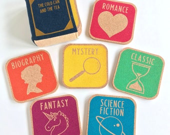 Library Genre Coasters - Set of 6 / Librarian / Librarian Gift / Book Lover / Reader Gift / Book Gift / Library Coasters / Book Themed Gift