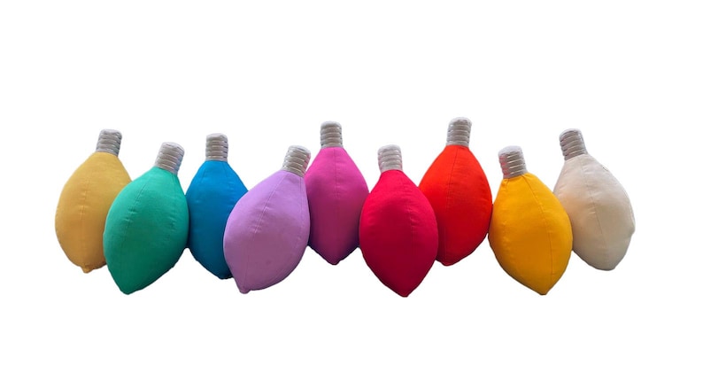 May include: Ten plush lightbulb ornaments in various colors, including yellow, green, blue, purple, pink, red, orange, and white.