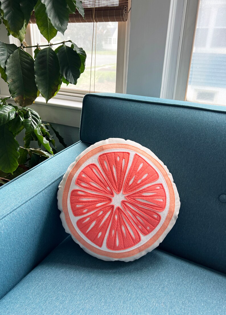 May include: A round, white pillow with a pink grapefruit slice design. The pillow is sitting on a teal blue couch.