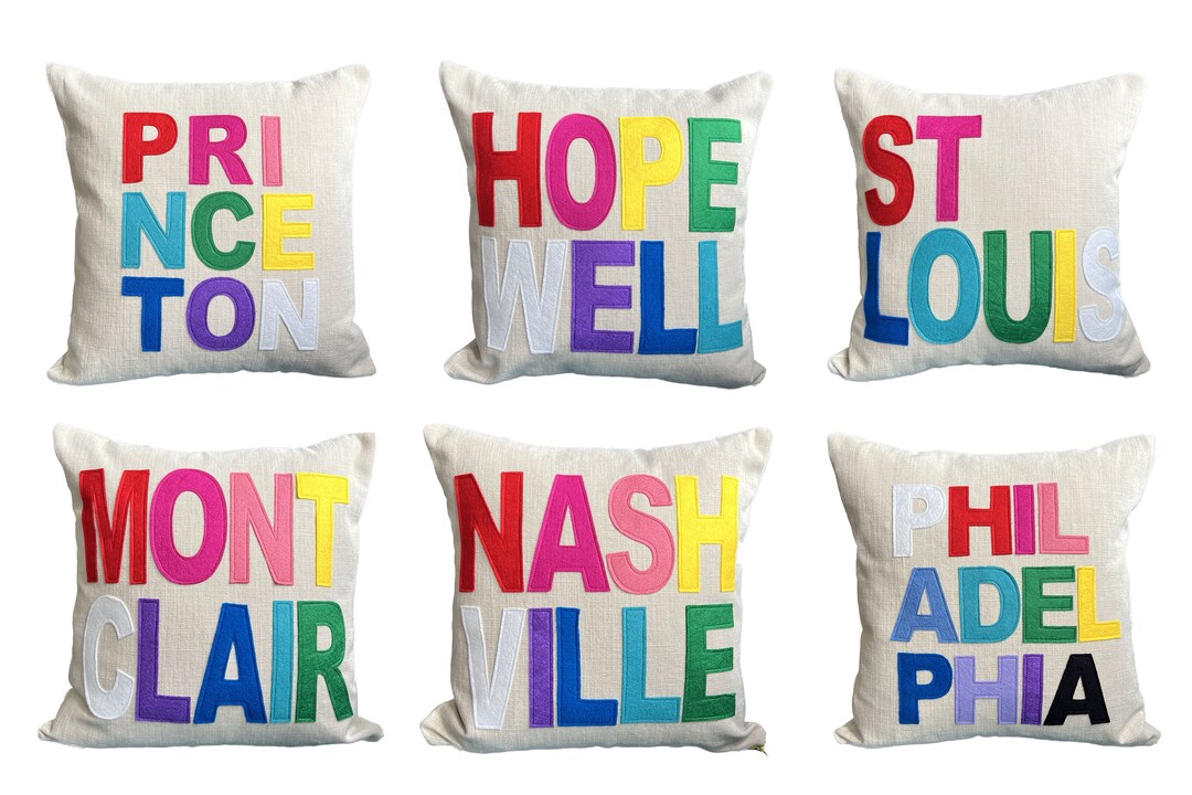 Custom Place Pillow / City Town State Pillow / Colorful / Rainbow