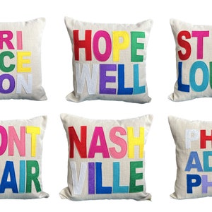 Custom Place Pillow / City Town State Pillow / Colorful / Rainbow / Portland / Austin / Nashville / New York / Seattle / Philadelphia