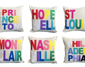 Custom Place Pillow / City Town State Pillow / Colorful / Rainbow / Portland / Austin / Nashville / New York / Seattle / Philadelphia