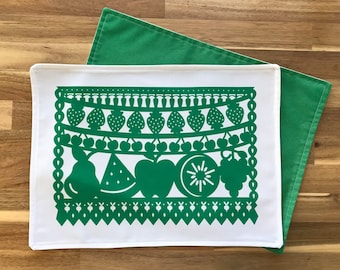 Placemats - SET OF 2 GREEN, Colorful Placemats, Fruit Placemats, Cloth Placemats, Mexican Folk Art, Placemat Set, Washable, Papel Picado