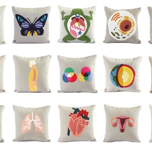 May include: Set of 15 decorative throw pillows featuring various scientific and anatomical illustrations. The pillows are beige with colorful embroidered designs, including a bee, butterfly, frog, cell, plant cell, skull, human skeleton, color wheel, earth, flower, brain, lungs, heart, uterus, and kidney.