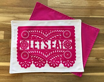 Placemats - SET OF 2 PINK, Colorful Placemats, Rainbow Placemats, Fun Festive, Mexican Folk Art, Placemat Set, Washable, Papel Picado