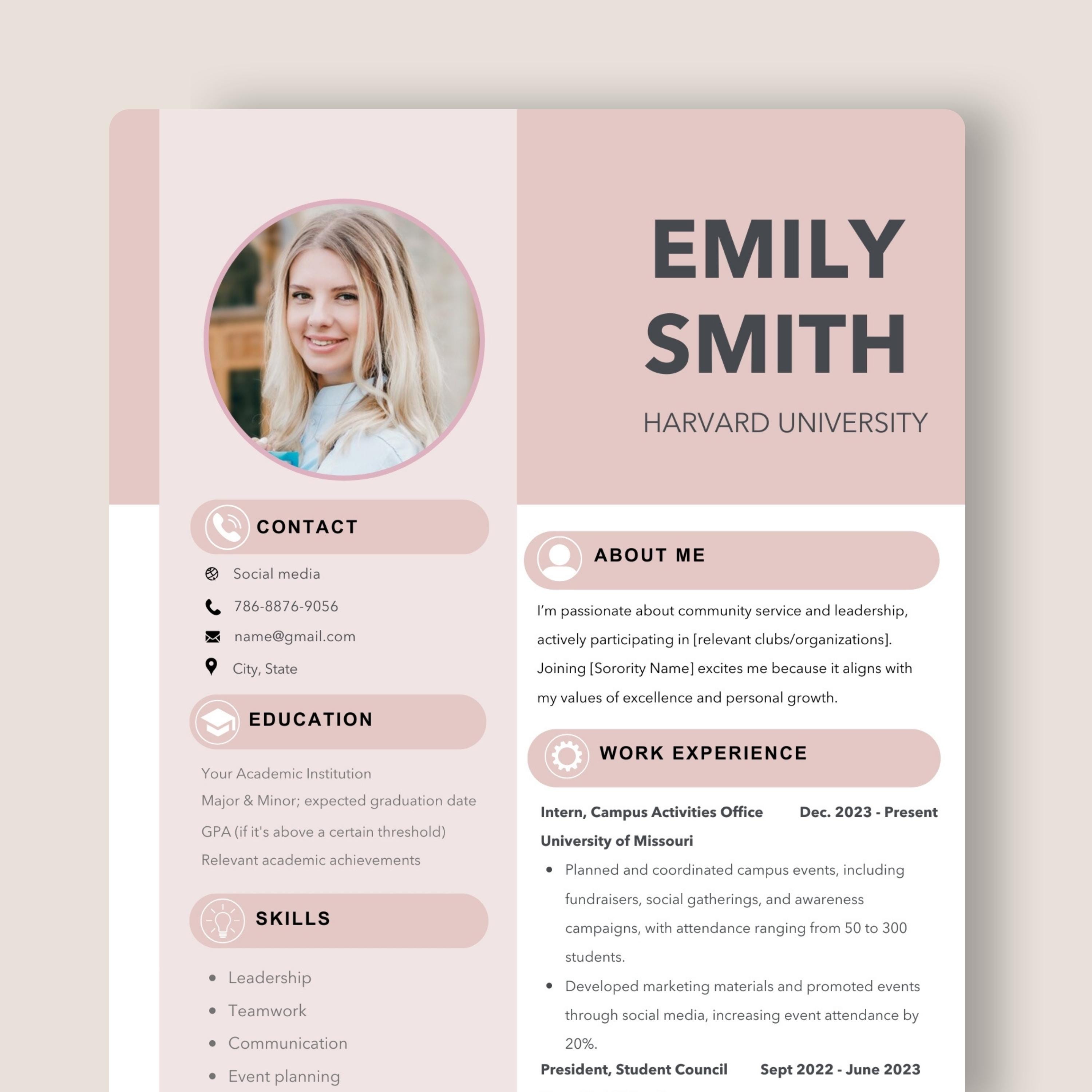Elegant Sorority Resume Template Canva Editable and Pre-Filled Cover Letter template. Sorority Recruitment, Sorority Pink Resume Template