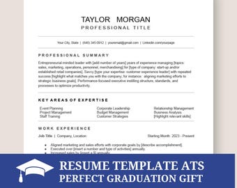 Professional  Resume Template for Word and Google Docs - Executive ATS Resume with Cover Letter Included. Perfect graduation gift.
