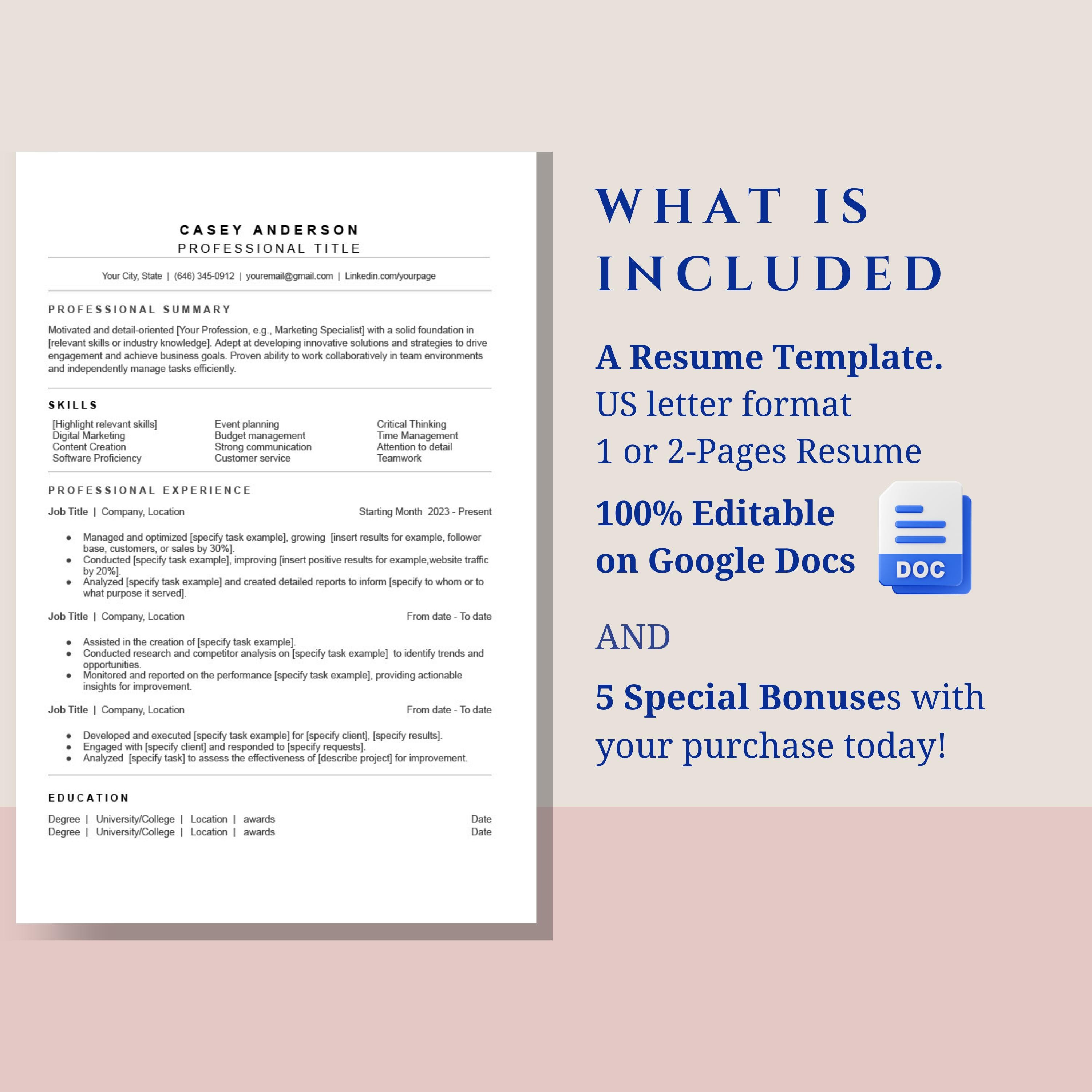 Professional Resume Template. Editable on Google Docs. ATS Resume. 1 ...