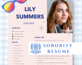 Sorority Resume Template with Photo, Recruitment Cover Letter. Canva Editable.