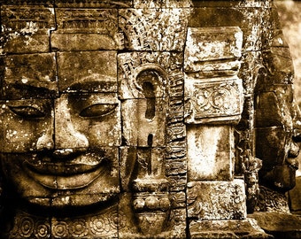 Bayon II - vintage look photograph, 5x7 print in 8x10 mat, angkor photography, angkor print, buddhist art