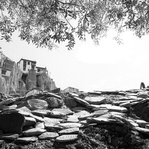 May include: Monochrome image of a monastery built into a cliff face, with a foreground of inscribed stones. The scene is framed by tree branches. The architecture is visible in the background.