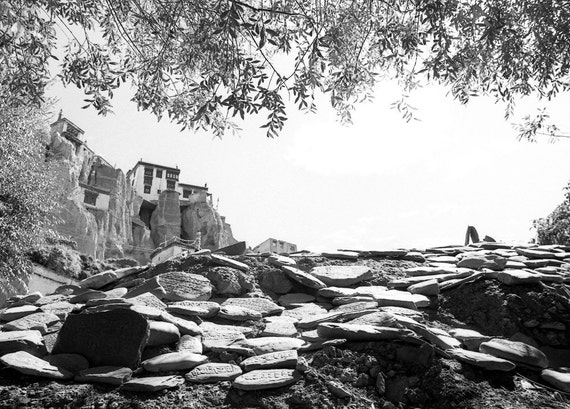 Mani Stones - Lamayuru, Ladakh - 5x7 print in 8x10 mat, black and white photography, buddhist wall art, mani stones photo, india photography