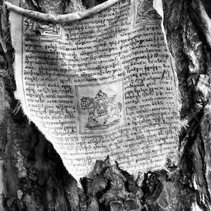May include: A rectangular prayer flag, featuring detailed script and a central illustration of a figure on a horse. The flag is white with black text and imagery, set against a textured tree trunk.