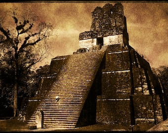Tikal - 5x7 print in 8x10 mat, vintage look photograph, guatemala photography, temple print