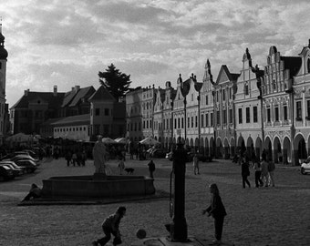 A Sunny Afternoon in Telc - traditional black and white photograph, 8x10 paper, bohemia photography