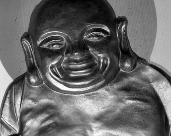 Happy Buddha - 5x7 photo in 8x10 mat, black and white photography, buddha photo