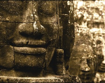 Bayon II - vintage look photograph, 5x7 print in 8x10 mat, angkor photography, angkor print, cambodia photography, buddhist art