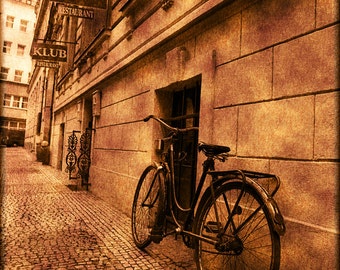 Bicycle on a Prague street, fine art photograph, vintage look photograph, 5x7 print in a 8x10 mat, prague photography