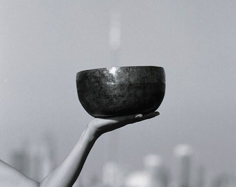 Bowl and Arm - 5x7 print in 8x10 mat, black and white photography, singing bowl photograph, buddhist wall art, zen art, zen photography