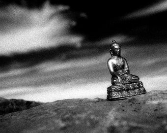 Hearing Buddha - 5x7 print in 8x10 mat, black and white photograph, buddha photo, buddhist wall art