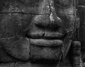 Bayon - traditional black and white photograph, 8x10 paper, cambodia photography, angkor photography, buddhist wall art