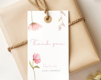 Pink Floral Baby Shower Favor Tags Pastel Watercolor Gift Tag Printable Personalized Thank You Cards (Digital Download)