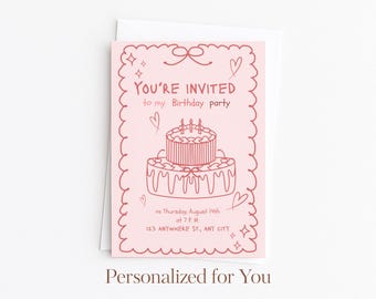 Faire-part d'anniversaire rose dessiné à la main, invitation modifiable à une fête entre filles (téléchargement numérique sur commande)