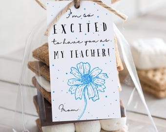 I&#39;m So Excited To Have You As My Teacher Favor Tag, First Day of School Gift Tags, Blue Teacher Gift Tag, Back to School Printable Gift Tags