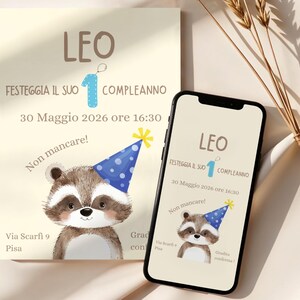 Invito Primo Compleanno Procione, Festa Bosco Bambino, Biglietto Personalizzato, Stampabile e WhatsApp, First Birthday Invitation
