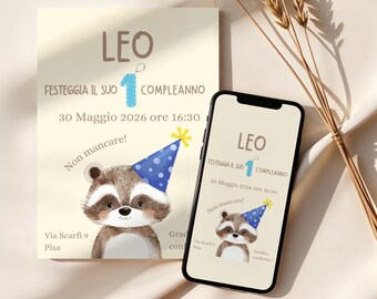 Invito Primo Compleanno Procione, Festa Bosco Bambino, Biglietto Personalizzato, Stampabile e WhatsApp, First Birthday Invitation