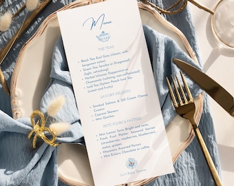 Customizable Tea Party Menu: Blue Floral Design (Digital Download, 4x9 inches)