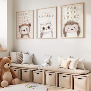 Woodland Baby Animal Prints, 3 Animal Prints For Kids Room, Baby Animal Pictures with Personalized Name, Woodland Animal Baby Posters