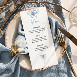 Menù per baby shower, Menù per addio al nubilato con fiori blu, Menù per matrimonio stampabile, Menù per matrimonio con margherita blu disegnata a mano, Menù per matrimonio con fiori modificabili