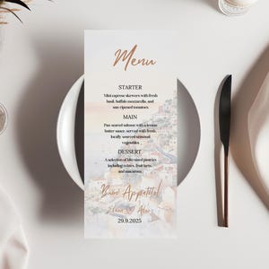 Italian Style Wedding Menu Template with Amalfi Design | Printable Personalized Wedding Menu | Editable Table Menu for Wedding Dinner