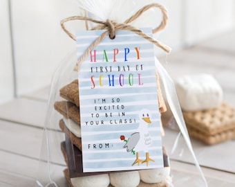 Printable First Day of School Favor Tags, I&#39;m So Excited To Be In Your Class Gift, Teacher Gift Tags, Happy First Day Of School Seagull Tag