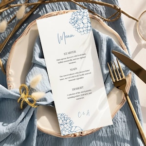 Menù di nozze con ortensia, menù di nozze blu senza tempo, menù di nozze floreale modificabile, menù di nozze con ortensia, menù di baby shower stampabile