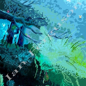 May include: An artistic illustration of a forest scene with a blue and green color palette. The image features trees, foliage, and small, whimsical creatures. The artwork has a painterly style with visible brushstrokes and a dreamy atmosphere.
