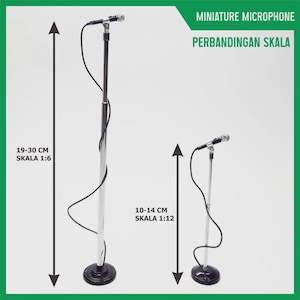May include: Two miniature microphone stands, one 19-30 cm tall and the other 10-14 cm tall, with black bases and silver poles. The image includes the text "MINIATURE MICROPHONE" and "PERBANDINGAN SKALA".