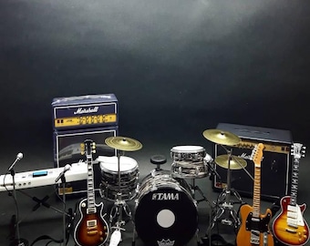 Miniature Concert Set Guitar, Drum, Keyboard, Mic Plus Amplifier 1/6 Scale Home Decor