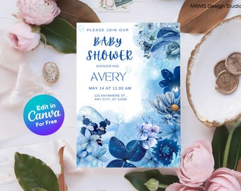 Blauwe bloemen babyshoweruitnodiging: genderneutraal canvassjabloon (digitale download)